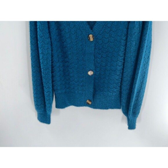 Women's Another Love Teal Fuzzy Soft Puff Sleeve Cardigan Sweater Size S - Picture 3 of 7